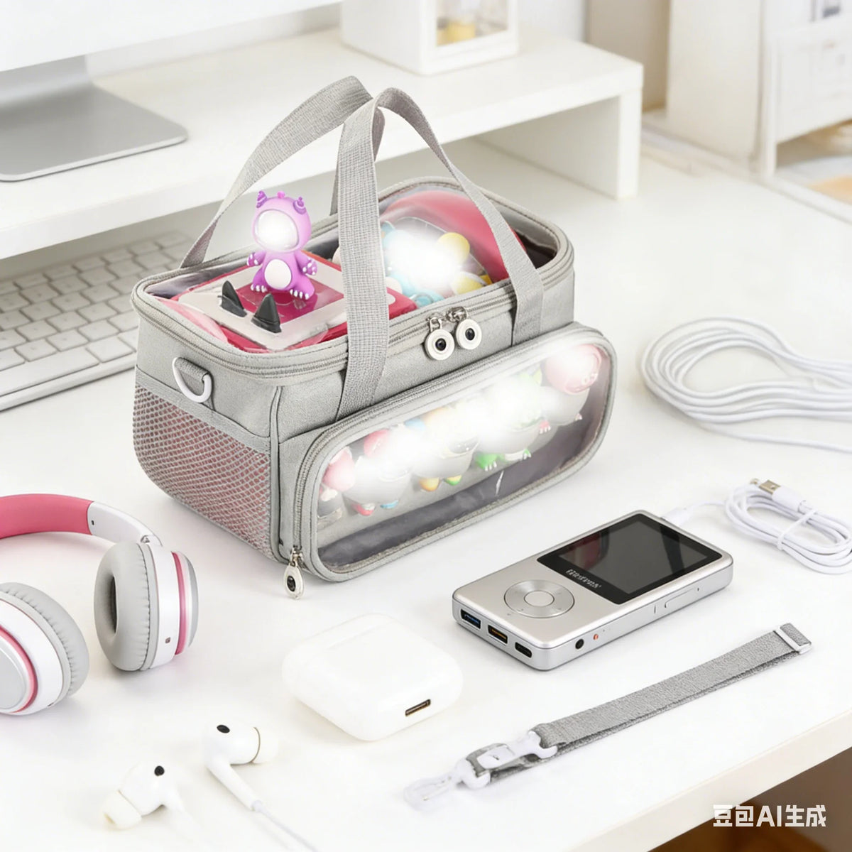 A gray Toniebox travel case with an adjustable strap is shown next to wireless headphones and a smartphone.