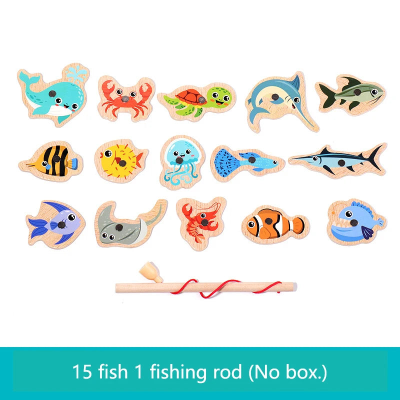 Fifteen wooden magnetic fish and one fishing rod set for a Montessori fishing game.