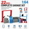 A complete 22-piece garage set featuring a lift, tire rack, workbench, cabinets, barrel, air tank, and cones for a miniature 
