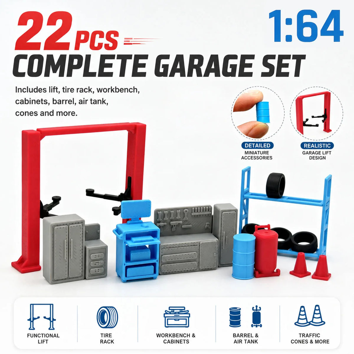 A complete 22-piece garage set featuring a lift, tire rack, workbench, cabinets, barrel, air tank, and cones for a miniature 