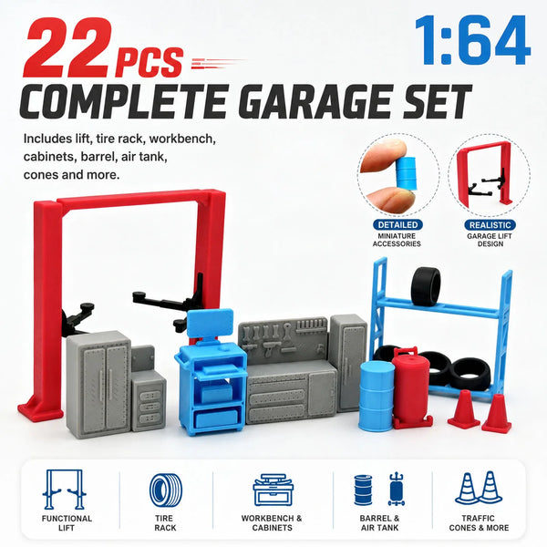 A complete 22-piece garage set featuring a lift, tire rack, workbench, cabinets, barrel, air tank, and cones for a miniature 