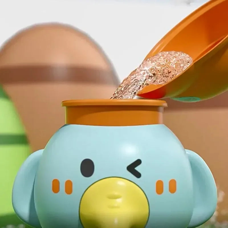 A cute light blue duck bath toy is shown with an orange spoon pouring glittery water into it.