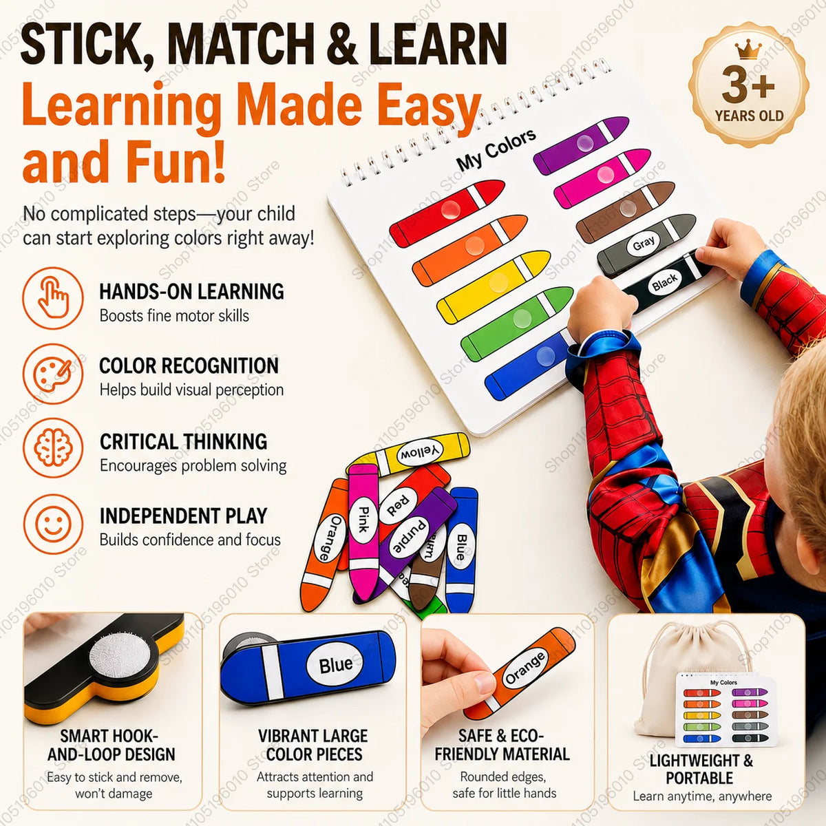A child is using a colorful learning book with various colored sticks and tools for hands-on education.