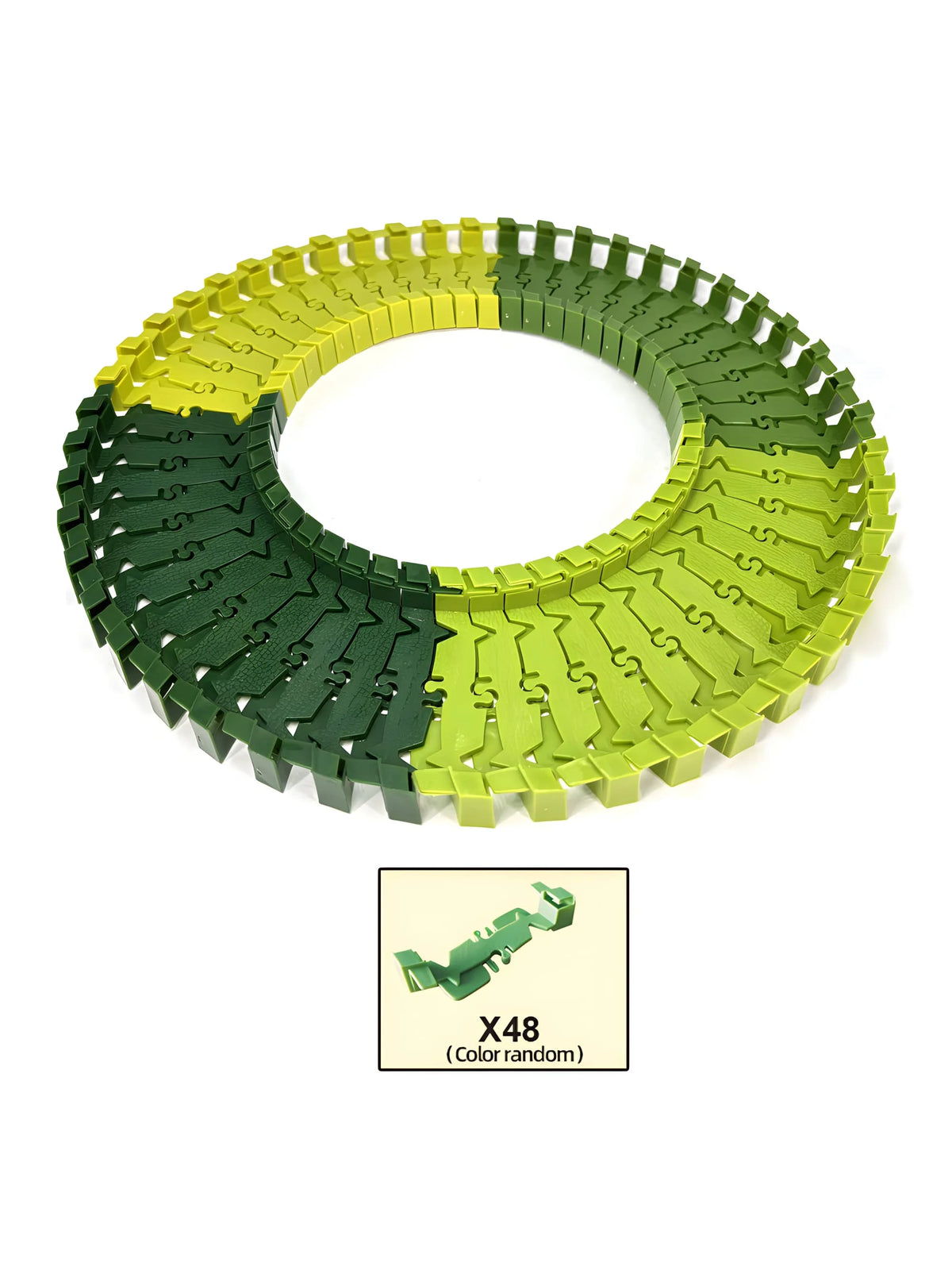 A circular track set made of interlocking plastic pieces in green and yellow colors.