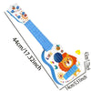 A wooden kids playable ukulele toy with a yellow body and colorful decorations shown from the side.