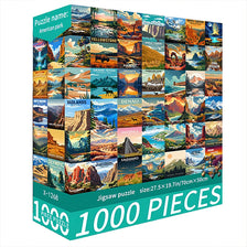 A box of a 1000-piece jigsaw puzzle featuring various scenes from US National Parks like Yellowstone and Zion.