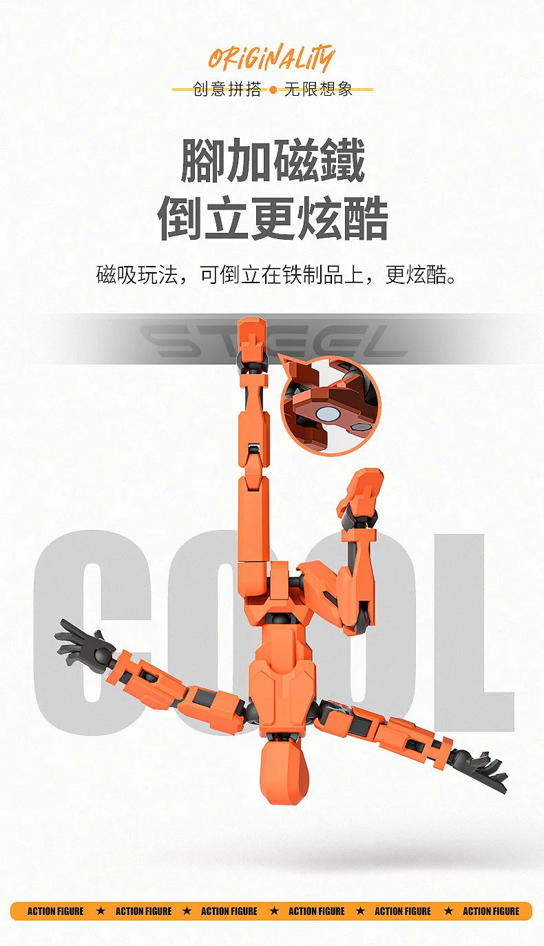 An orange magnetic multi-jointed action figure with an articulated display stand.