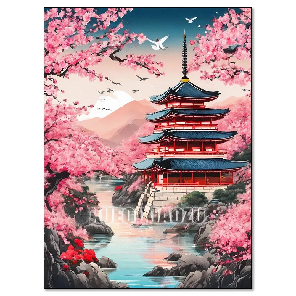 Cherry Blossom Tower Diamond Painting Kit – DIY 5D Wall Art for Adults