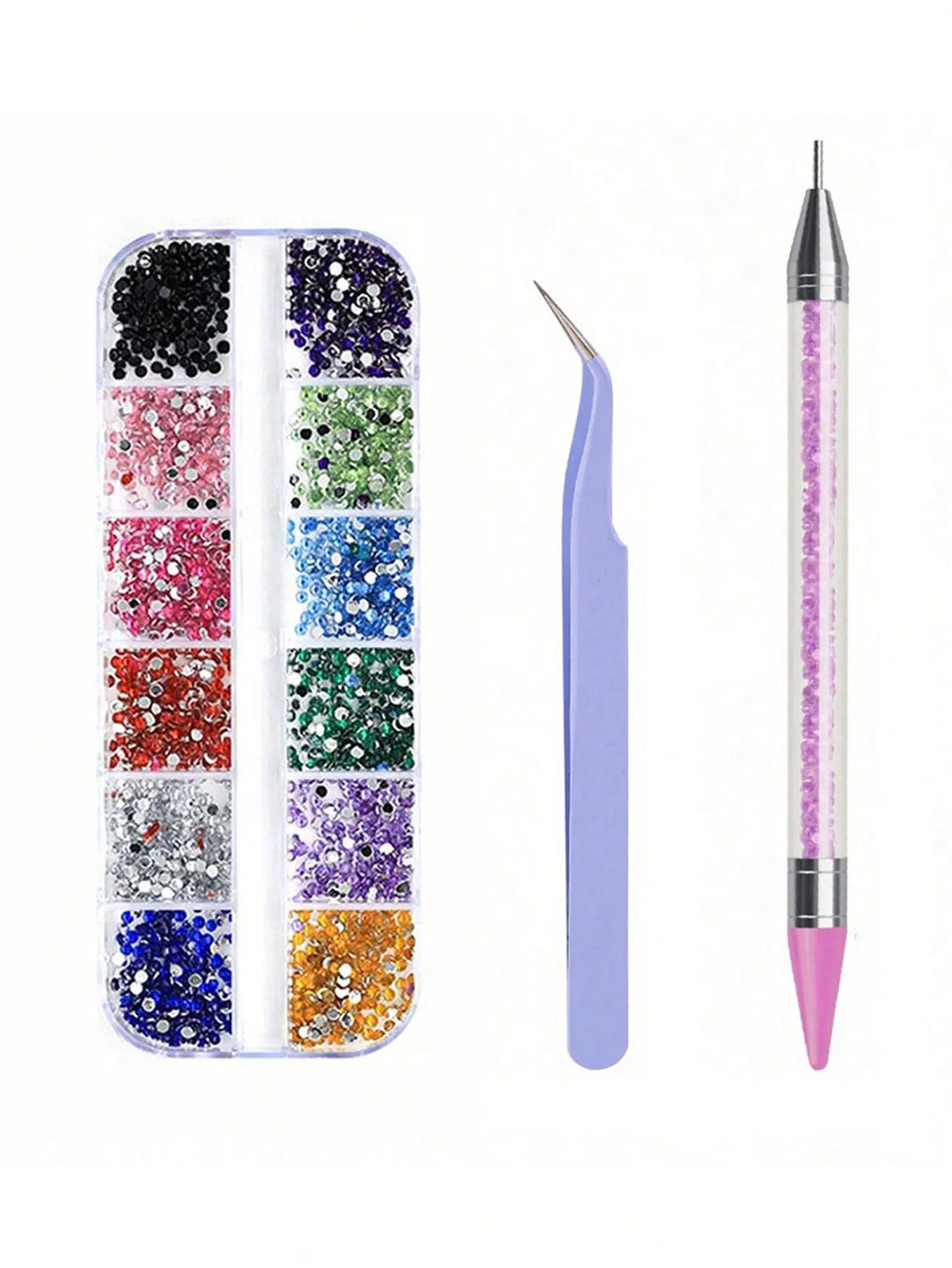 A set of multi-size flat back acrylic rhinestones in various colors arranged in compartments, next to a single gold-tipped to