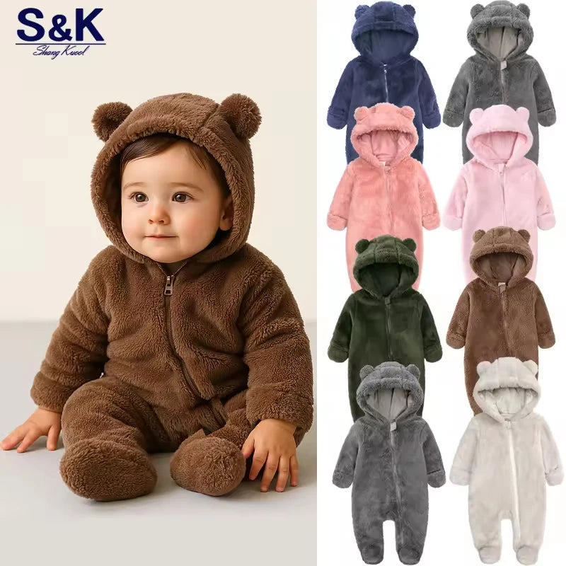A collection of baby bear fleece hooded rompers in various colors including brown, pink, gray, and green.
