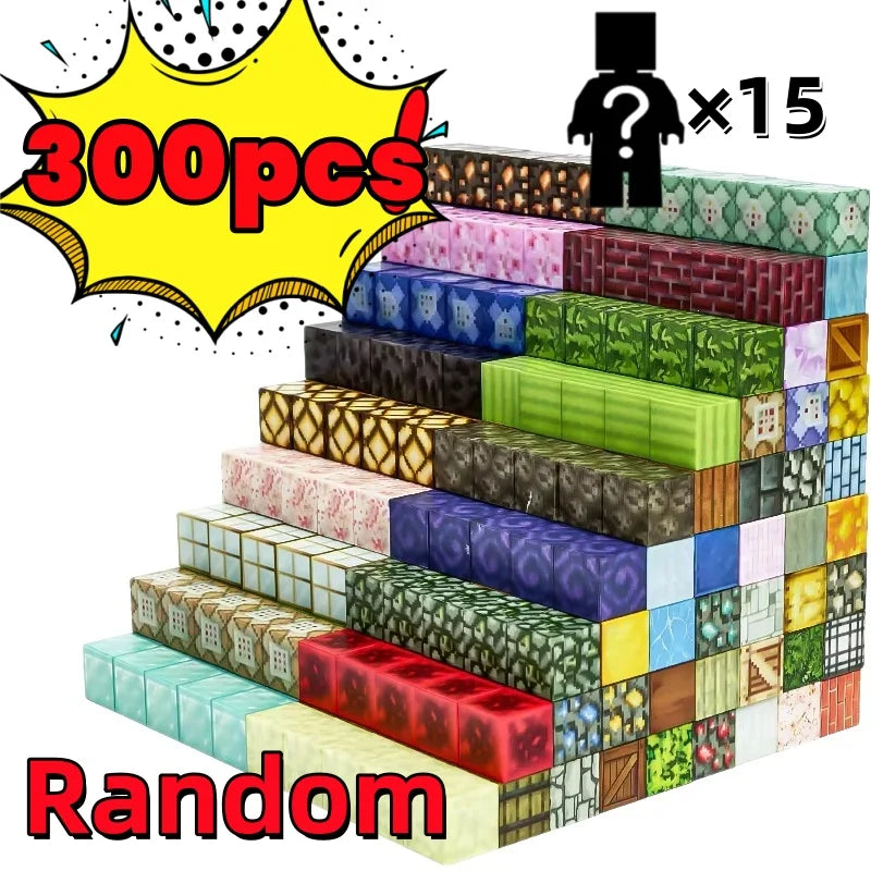 A stack of 300 magnetic building cubes in various colors and patterns, with a question mark icon indicating 15 sets.