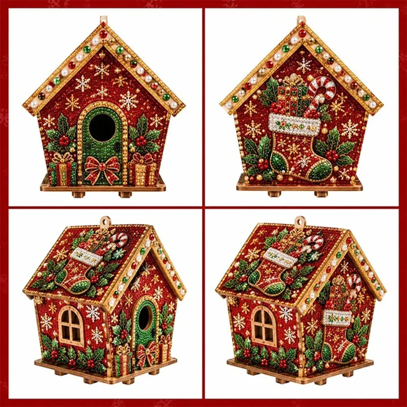 DIY pearl art Christmas cottage ornament kit featuring a detailed red wooden house with green foliage and festive decorations