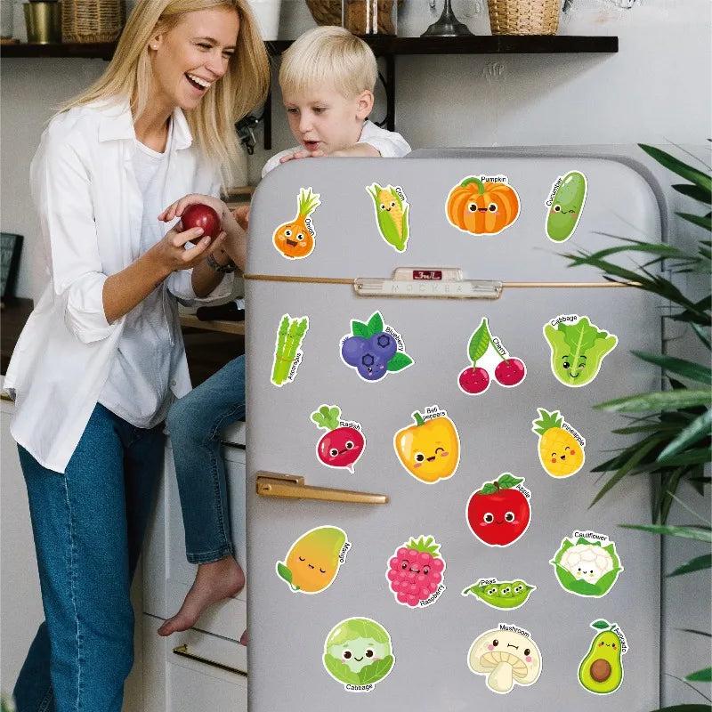 A gray magnetic fruit and vegetable learning set with various colorful produce shapes for toddlers.
