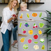 A gray magnetic fruit and vegetable learning set with various colorful produce shapes for toddlers.