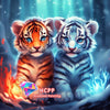 Two adorable tiger cubs in orange and white stripes are featured on a dark, scenic background.