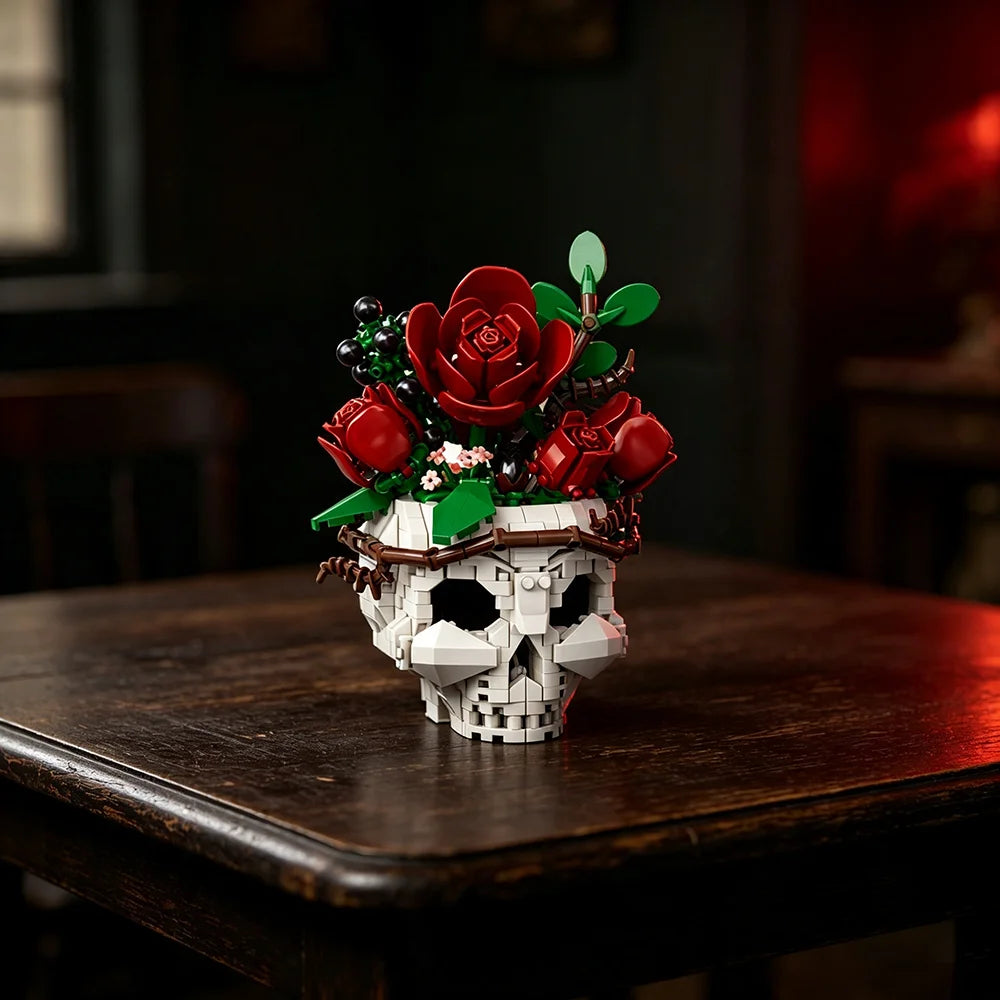 A decorative set of gothic floral skull building blocks featuring red roses and green leaves on a white skull.