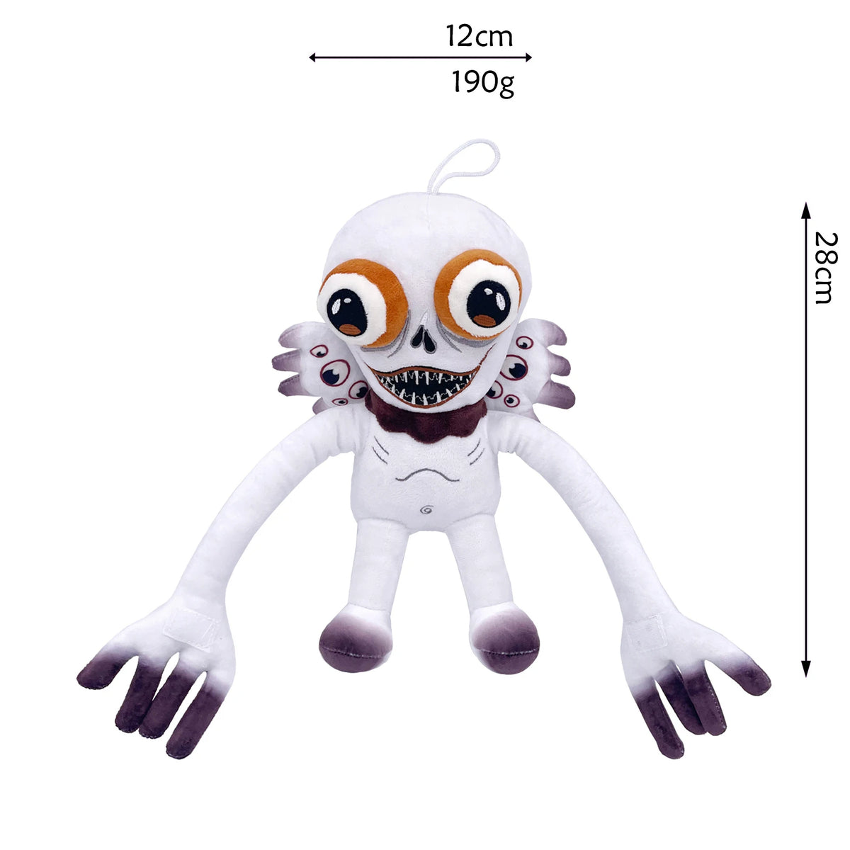 A white plush toy resembling a skull with large eyes and teeth, measuring 12cm long and weighing 190g.