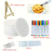A set of bubble painting kit components including foam art paper, markers, and random colored paint.