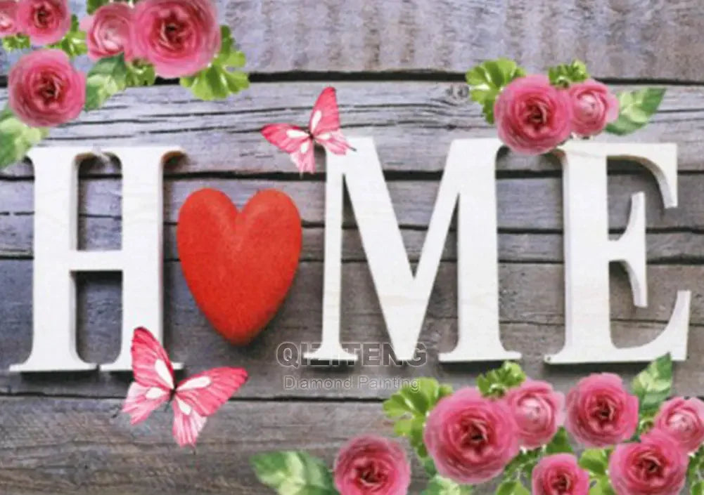 Diamond painting kit featuring a heart and floral design with pink and red roses on a wooden background.