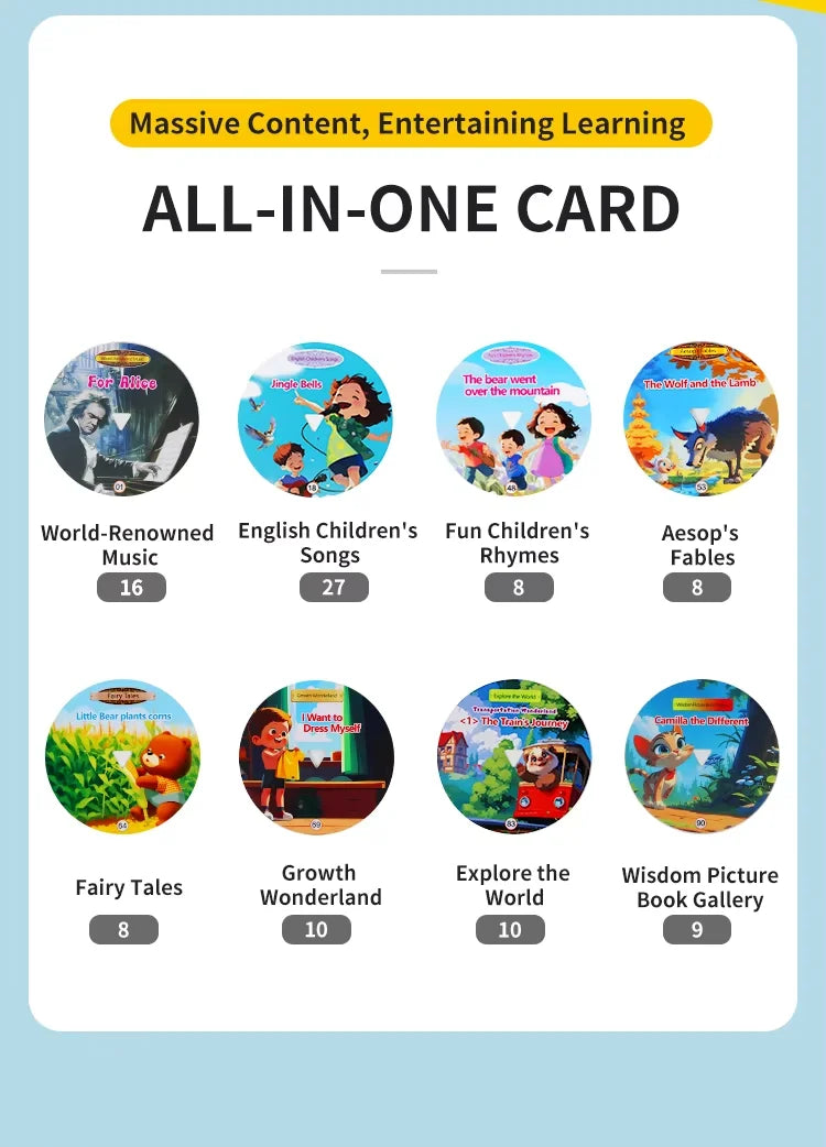 A collection of learning cards for children including songs, rhymes, fables, fairy tales, and wisdom stories.
