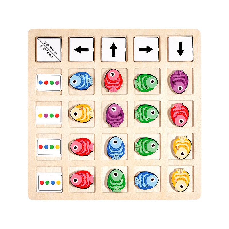 A wooden Montessori direction game featuring fish shapes and arrows for logical thinking practice.