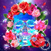 A vibrant diamond painting featuring a skull surrounded by colorful flowers and leaves.