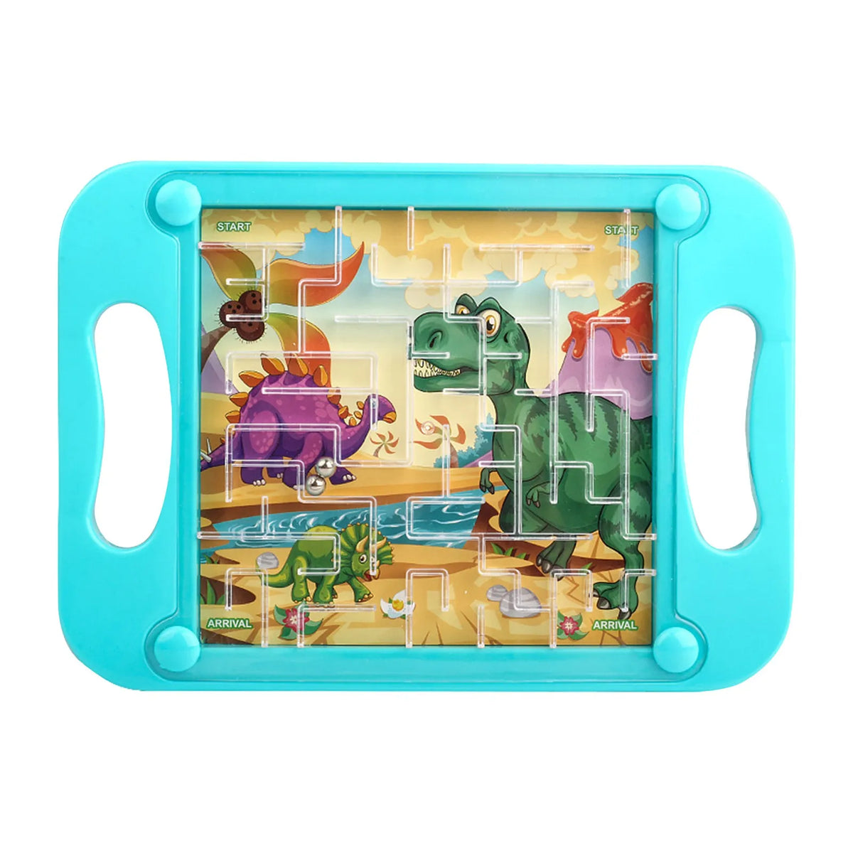 A teal plastic maze puzzle game board featuring colorful dinosaur figures and a winding path.