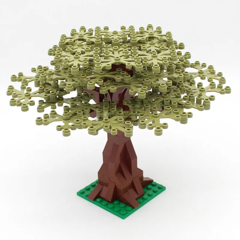 A model of a sakura cherry blossom tree built from green and brown building blocks.