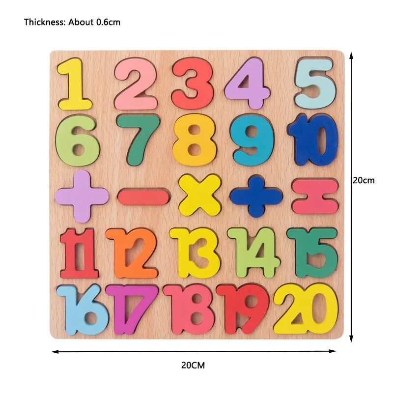 A wooden puzzle featuring colorful numbers and mathematical symbols for toddlers.