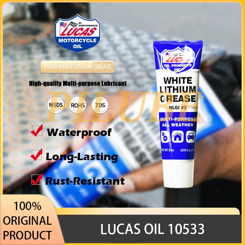 Tube of Lucas Oil White Lithium Grease multi-purpose lubricant shown next to a blurred background.