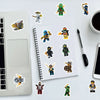 A collection of cartoon ninja stickers featuring various characters and weapons on a white background.