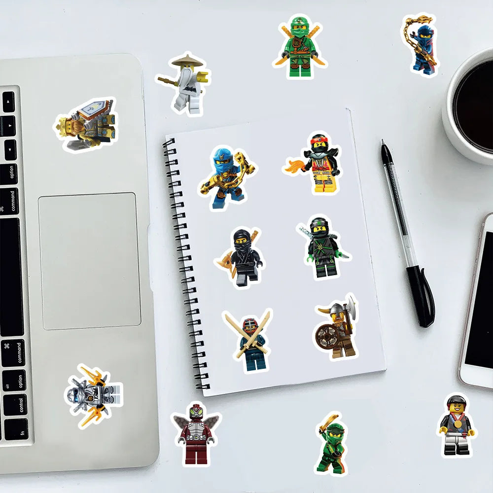 A collection of cartoon ninja stickers featuring various characters and weapons on a white background.