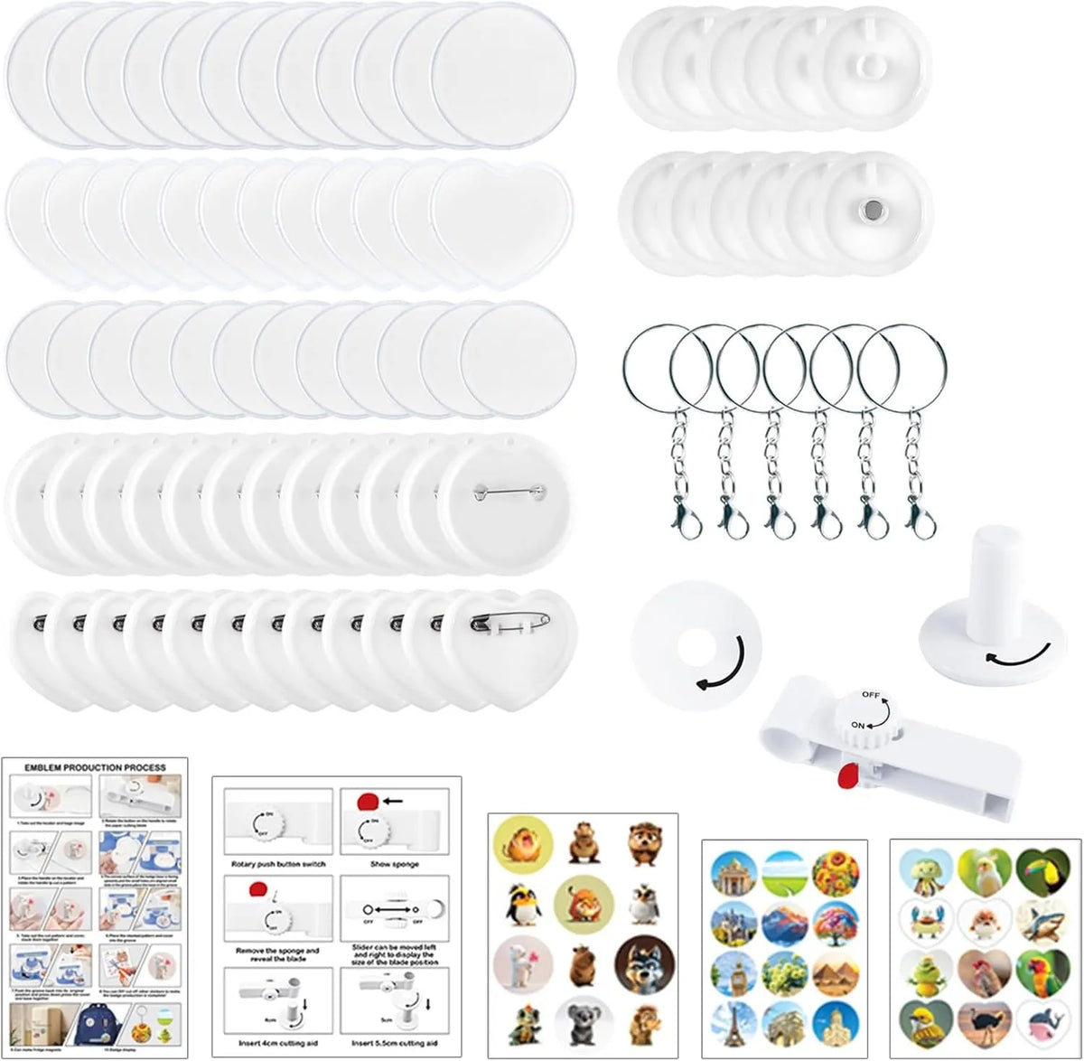 Eine Sammlung weißer Silikonformen und Werkzeuge zum Herstellen von DIY-Abzeichen und Pins.