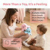 A woman is holding a double-sided flip octopus plush toy in purple and blue colors with a baby.