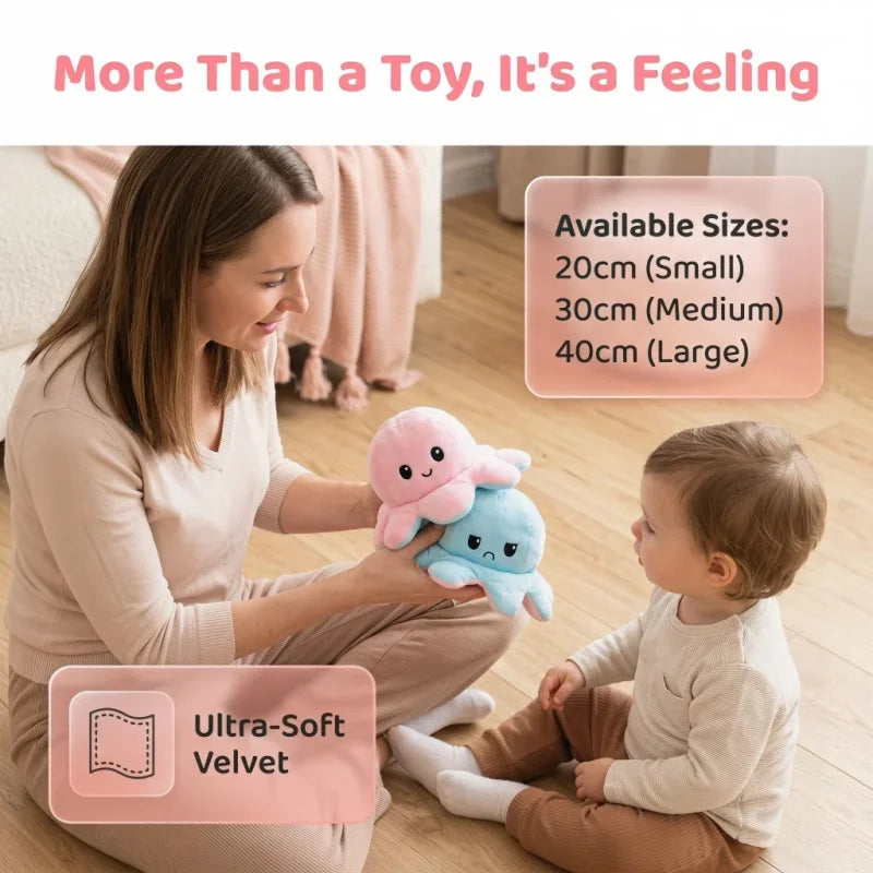 A woman is holding a double-sided flip octopus plush toy in purple and blue colors with a baby.
