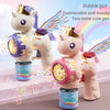 A white unicorn figure with purple accents and a pink unicorn figure, both featuring bubble guns and colorful lights.