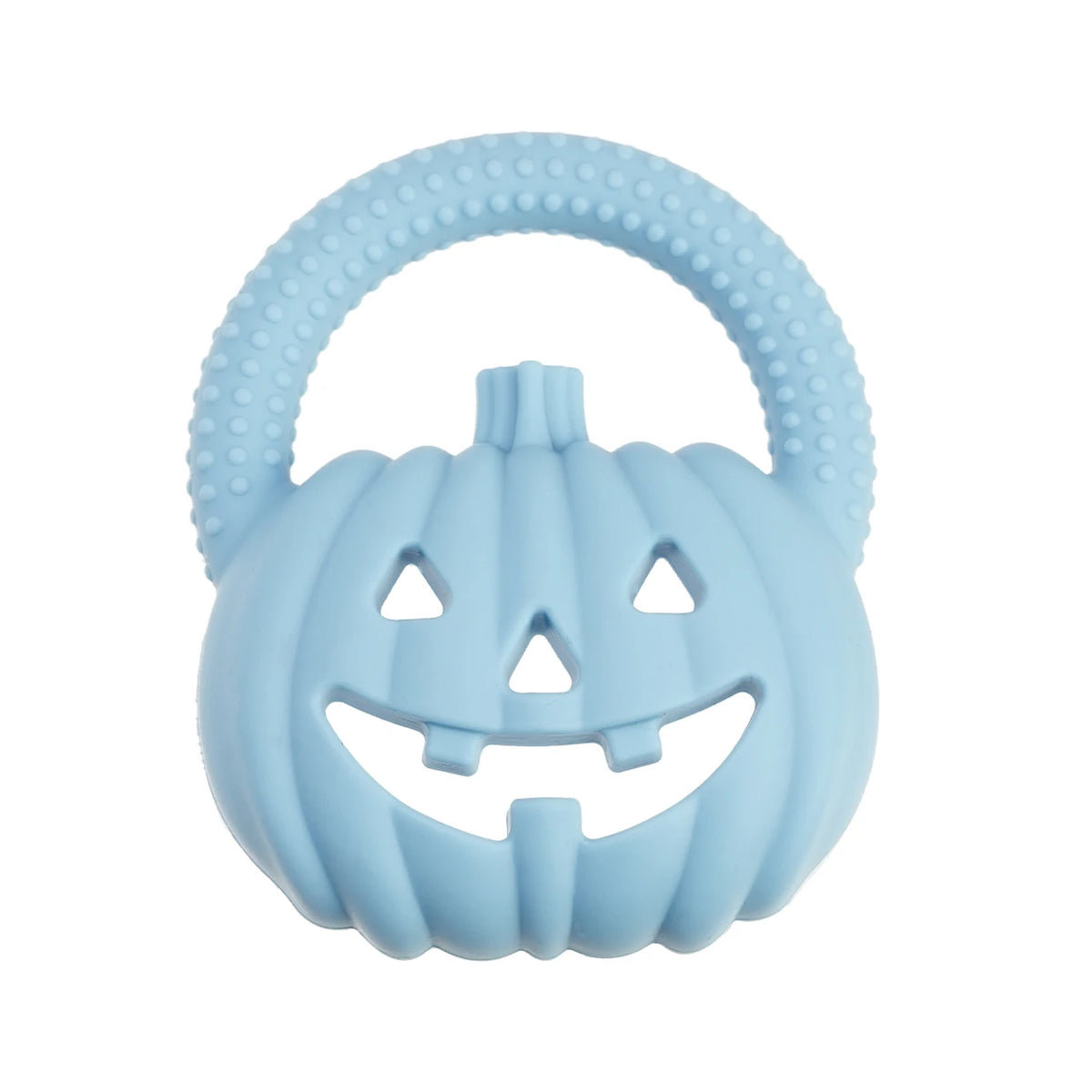 Light blue silicone pumpkin baby teether with a carved face and textured rim