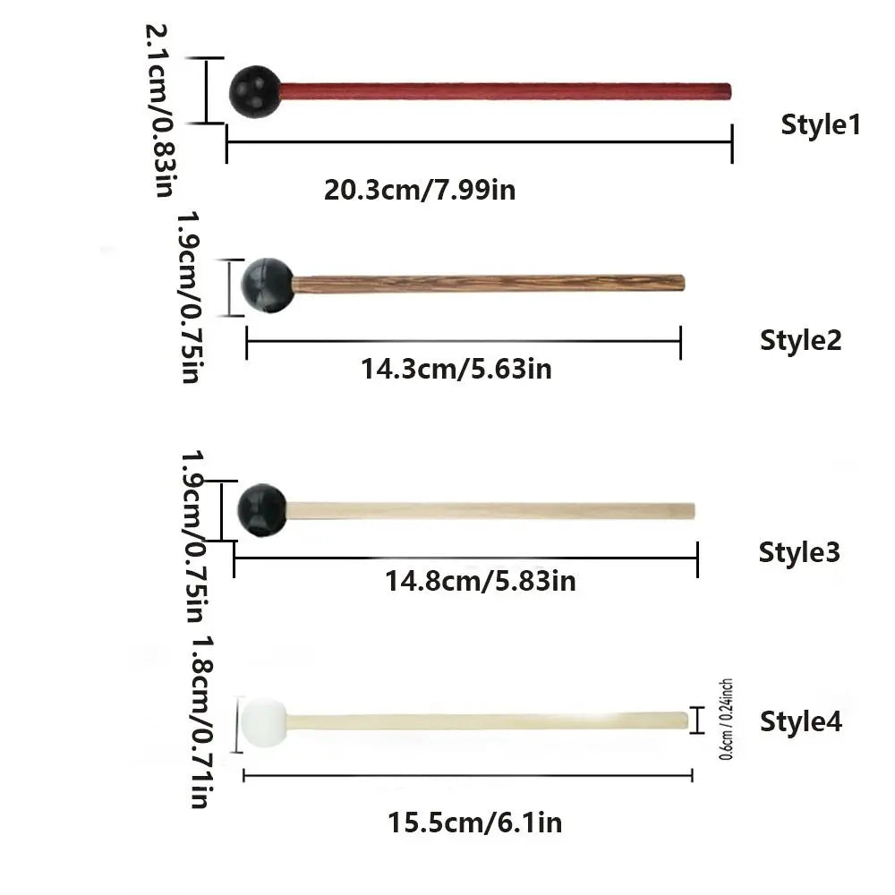 Four styles of wooden handpan drum mallets with silicone tips shown side by side.