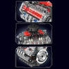 Close-up views of a motorized V8 engine building block set showing internal components and assembly.
