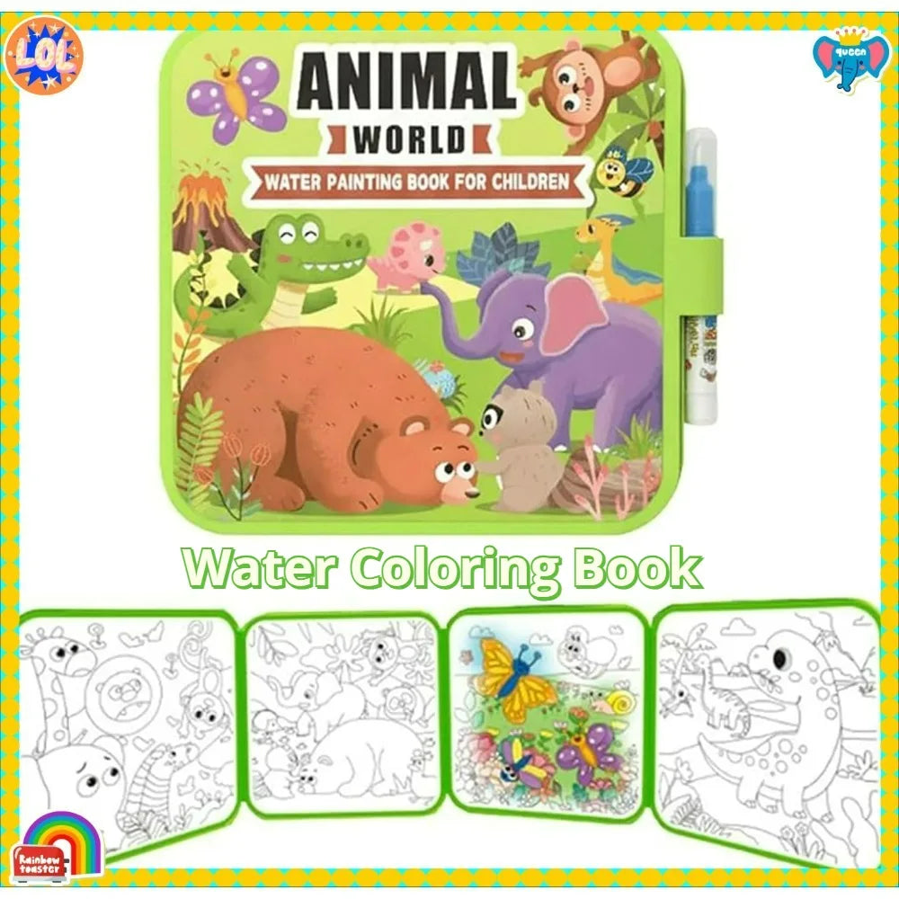 A colorful water painting book set for children featuring animals and various coloring pages.