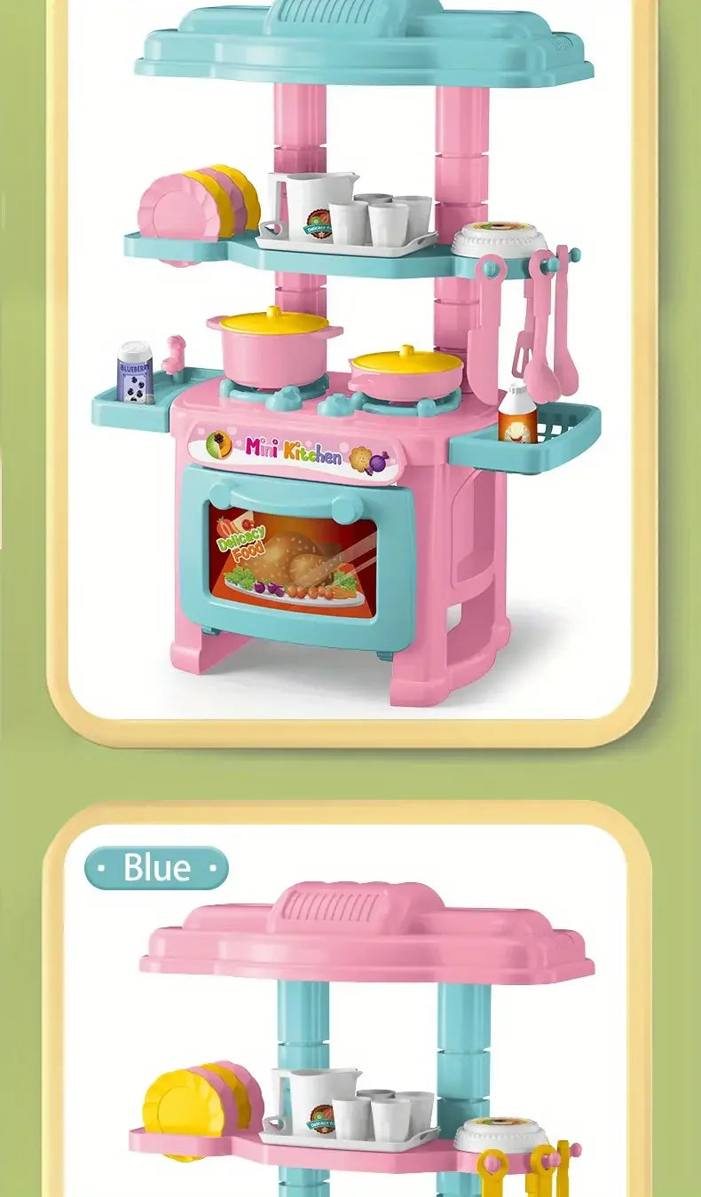A pink and blue mini pretend play kitchen set with cooking accessories including pots, pans, and utensils.