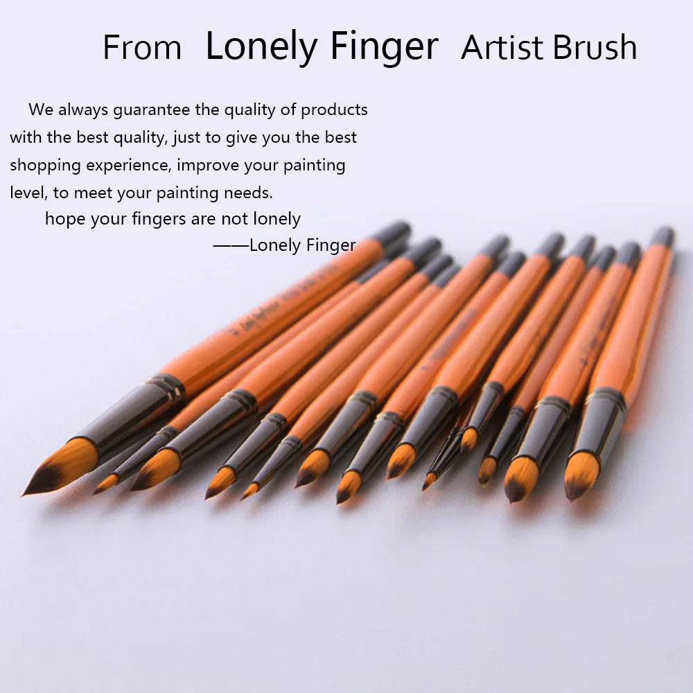 A set of lonely finger round paint brushes with orange and brown bristles laid out on a white surface.