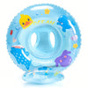 A blue inflatable baby swim ring featuring sea animals like a yellow duck and a blue fish.