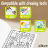 A set of four drawing tools including colored pencils, crayons, acrylic marker, and a marker displayed above an open coloring
