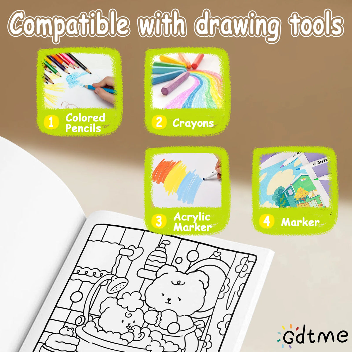 A set of four drawing tools including colored pencils, crayons, acrylic marker, and a marker displayed above an open coloring