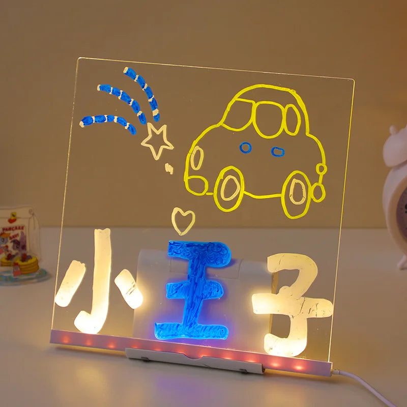 A glowing acrylic message board displays a yellow car outline and Chinese characters on a clear background.