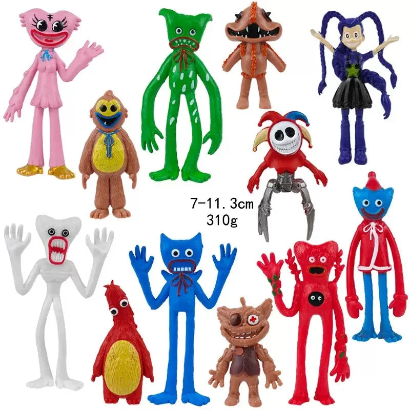 A collection of collectible figures featuring various characters from Poppy Playtime, including pink, green, and orange dolls