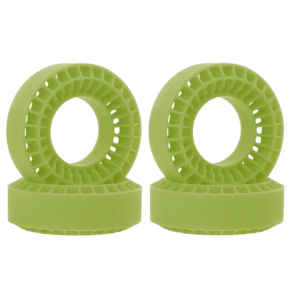 Two green silicone rubber tire inserts for RC crawlers