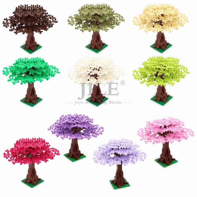 A set of five miniature cherry blossom trees built from colored wooden blocks.