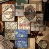 A collection of vintage scrapbook paper sheets in various textures and colors for crafting projects.